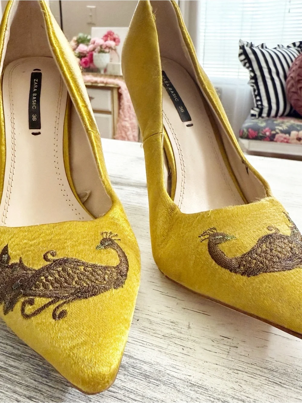 Zara Peacock Embroidered Pointed-Toe Stiletto Heels size 36